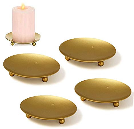 Pillar Candle Holders,RoadLoo Set of 4 Pieces Golden Candle Holder Plates Metal Stand Pedestal Pillar Candlestick for Wedding Incense Cones Spa Pray Home Party Decoration (2.8 x 0.4 Inch)