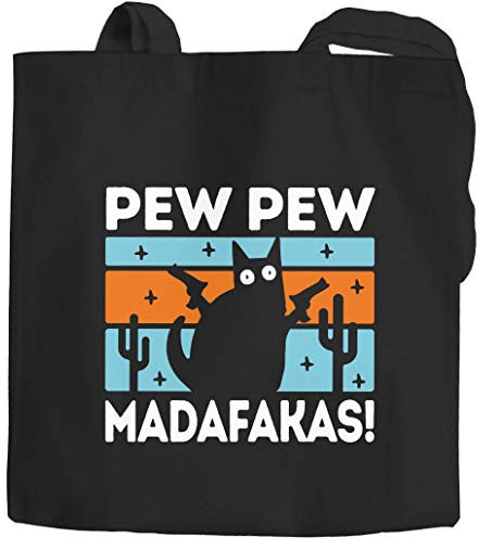 MoonWorks® Jutebeutel Pew Pew Madafakas Katze Cat crazy verrückt lustig Stoffbeutel Einkaufstasche schwarz 2 lange Henkel