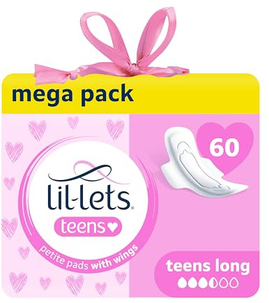 Lil-Lets Teens Long Pads with Wings - 60 Count Period Pads for Teens - Thin, Super Absorbent Sanitary Napkins, Soft & Breathable, Fragrance-Free - First Periods, Medium to Heavy Days