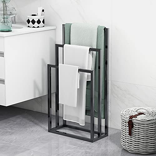 BOFENG Handtuchhalter aus Metall, 3 Etagen, schwarz, hoch, industriell, modern, freistehend, für Badezimmer-Zubehör, Organizer Badaufbewahrung und Handtücher, Waschlappen, neben Badewanne oder Dusche