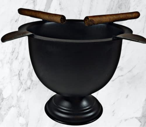 Cigar Ashtray Made In Iron Metal Tall Deep Bowl Box Pressed Wind Resistant Ashtray With 4 Stirrup (Black)