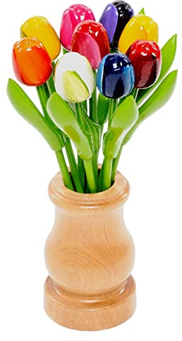 Ramo de tulipanes de madera en un jarrón de madera retro, 9 tulipanes artificiales de 21 cm de altura, pintado a mano, ramo, regalo, cumpleaños, Made in Holland
