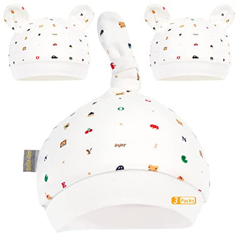 3 Stücke Neugeborene Bärenmützen Krankenhausmütze Knotenmütze Bio-Babymützen Unisex Baumwolle Schöne Babymützen 0-5 Monate