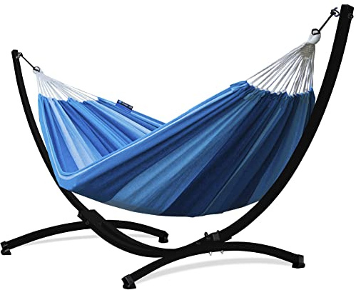 Potenza Outdoor Hängematte mit Gestell für 2 Personen I Baumwolle Doppelhängematte XXL 220x160, 200kg I Hängemattengestell 220kg, wetterfest (Blau, Gestell Schwarz)