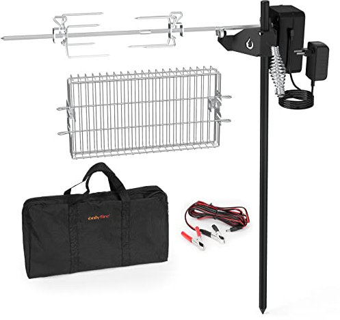 Onlyfire Drehspieß für Feuerschale Feuerstelle, Grillspieß Set für Camping | Elektrische Rotisserie mit Drehspießkorb, Spießgabeln, Batteriemotor mit Netzteil, und Tragetasche