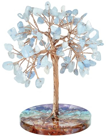 Nupuyai Chakra Edelstein Baum Kristall Lebensbaum Figur Feng Shui Wohn Deko | Aquamarin Stein Baum mit 7 Chakra Harzbasis, Feng Shui Geldbaum, Heilstein Baum Figur Deko für Zuhause Büro
