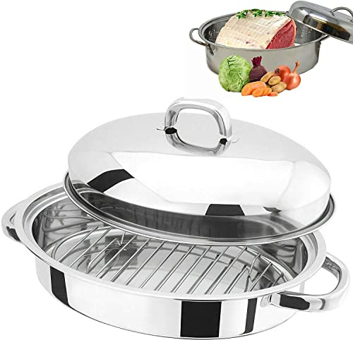 Vintage Gourmet® Professional 42CM Large Stainless Steel Self Basting Oval Domed Roaster with Rack for Airflow, Basting Juices,Carry Handles Roast Meat Catering Carvery Fits a Large Chicken 46x31x16cm