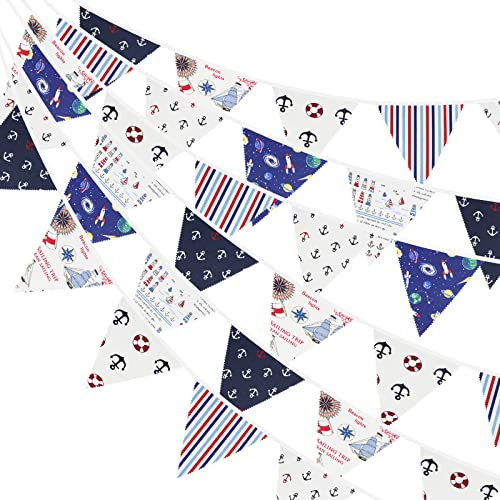 G2PLUS 12M Nautical Seaside Fabric Bunting, 42PCS Blue and White Fabric Bunting Garland, 19x21CM Large Reusable Nautical Pirate Cotton Banners for Garden Baby Shower Kids Room Nursery