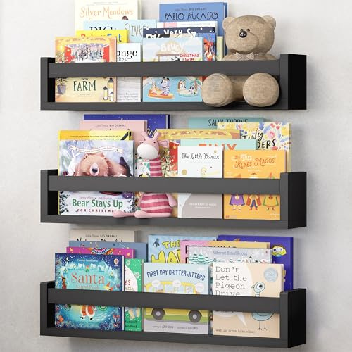NATURE SUPPLIES Bücherregal Kinder, 3er-Set, Regal Kinderzimmer, Wandregal Kinderzimmer, ideal für Bücher und Spielzeug, Montessori Regal | Schwarz