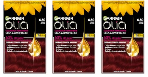 Garnier Olia Tinte permanente para el cabello sin amoníaco con aceites florales de origen natural con acción iluminadora y nutritiva, color 6.60 rojo intenso - 3 paquetes