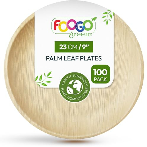 FOOGO Green 100 Assiettes Jetables Feuille de Palmier 23cm Rondes | Écologiques, Biodégradables, Compostables, Résistantes aux plats chauds, Mariage, Pique-nique, Alternative au bois