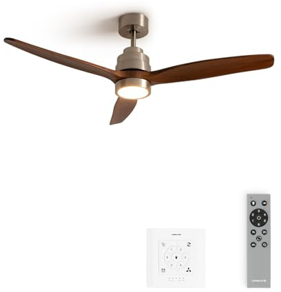 CREATE / WINDSTYLANCE NATURAL WOOD/Deckenventilator mit Beleuchtung Nickel Naturholzflügel mit Fernbedienung und Wandschalter / 40W, doppelte Höhe, Ø132 cm, Sommer-Winterbetrieb