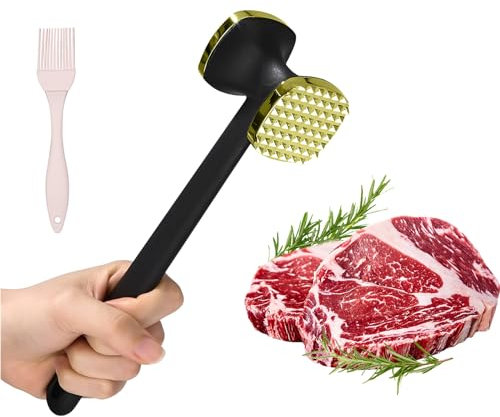RZMZBY 2 Pièces Attendrisseur de Viande en INOX et Brosse à Huile en Silicone,Marteau à Viande Double Face pour Steak,Marteau à attendrir,pour Poulet Bœuf Porc Noix