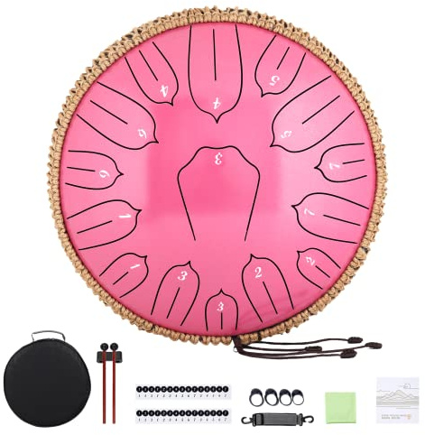 Musfunny Zungentrommel Handpan Steel Tongue Drum: 12 Zoll 15 Tone Stahlzungentrommel D-Dur Handpan Instrument mit Musikbuch Tragetasche für Geburtstagsgeschenk Meditation Yoga (Rosa) | D Dur Steel Tongue Drum Mit Musikbuch Schlägel Trommel Tragetasche - Steel Pan Für Geburtstagsgeschenk Yoga Meditation