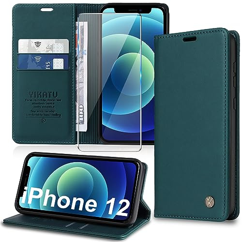 Migexxkj Handyhülle für iPhone 12/12 Pro Hülle [mit Schutzfolie][Premium PU Leder] Klapphülle Kartenfach Magnetic Ständer Flip Case Cover Etui Tasche Schutzhülle für iPhone 12/12 Pro 6.1“ (Green)