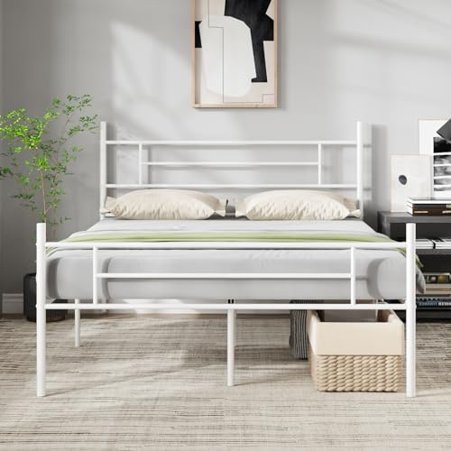 Novilla Rete Letto Matrimoniale 160x190 Struttura Letto con Testiera e Pediera, Supporto a Doghe in Acciaio, Design Antiscivolo per Materasso, Spazio di Archiviazione Sotto il Letto, Bianco
