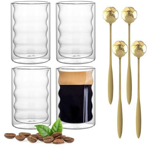 VOSSOT Latte Macchiato - Juego de 4 vasos térmicos de doble pared de 350 ml, con 4 cucharas de rosa, vasos de café, tazas de café, tazas de capuchino, tazas de café