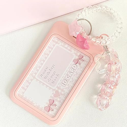 runrayay Kpop Photocard Holder Keychain Cartoon Pc Holder Kpop ID Badge Holder with Keychain Student Bus Card Pendant Keychain Hard Shell Protective Photo Sleeves - Pink