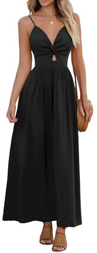 CUPSHE Damen Sommerkleid Boho V Ausschnitt Ärmellos Standkleid Twist Front Freizeitkleider Urlaub Maxi Dress Schwarz M