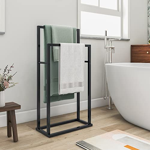 JELUTE Free standing Towel Rail, Holder,Stand and Towel Drying Rack with 2-Tier Towel Stand Rail for Bathroom & Hand Towel, Black