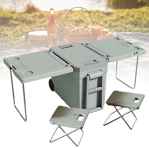 SMoonga Dispositivo di Raffreddamento Multifunzione, Scatola Isolante per conservazione e refrigerazione, Tavolo Pieghevole aggiornato e 2 sedie per Picnic, Campeggio, Carrello Pieghevole su Ruote, A