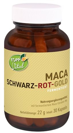 KOPP Vital® Maca Schwarz-Rot-Gold fermentiert Kapseln, 30 Kapseln, 22 g | ohne Gentechnik, drei Maca-Sorten, Aden-Ginseng, Naturstoff