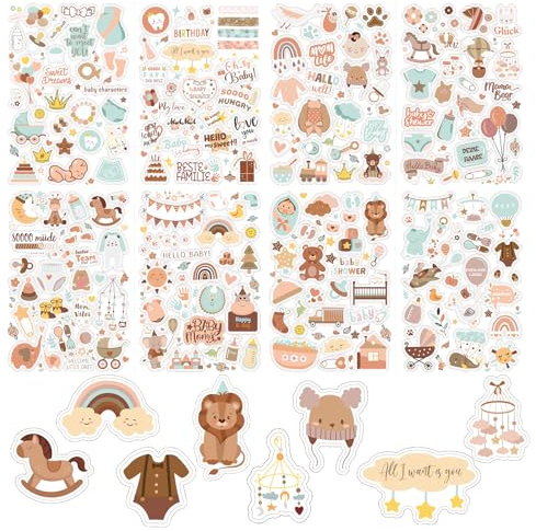 Goiern 4 Stück 212 Stickers Babyalbum,Aufkleber für Kinder und Baby Fotoalben, 8 Bögen DIN-A4 DIY Scrapbooking Aufkleber zum Gestalten, Baby-Scrapbook-Aufkleber(Braun)
