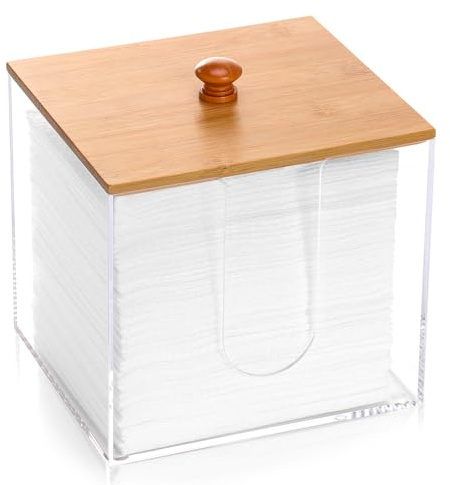 DLUGOPIS Disposable Face Towel Storage Box with Bamboo Lid XL Acrylic Face Towel Container Facial Towel Holder Clean Towels Box Dryer Sheet Container for Face Towels Wipe Bathroom Laundry Room