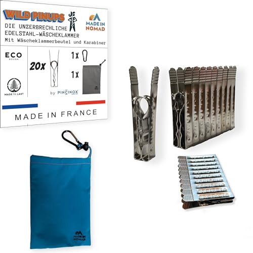 Wild Pinups: 20 Pinces à Linge INOX Incassables Pincinox avec Panier Pince à Linge et Mousqueton. pour Buanderie, Fil à Linge, séchoir à Linge. l'Epingle a Linge Solide, Durable à Vie, Made in France