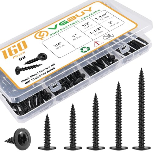 VGBUY 160Pcs #8 Wood Screws Phillips Modified Truss Head Assortment Kit Stainless Steel 410 Quick Metal Self Tapping Screws,Black Zinc Plated