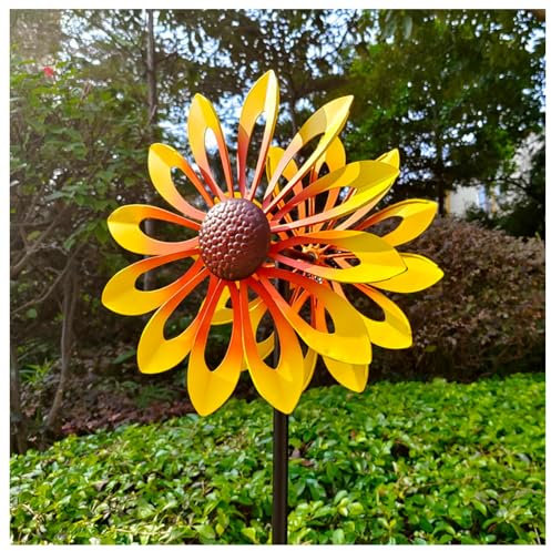 WindräDer Garten Doppelwindrad mit gegenläufigen Rotoren,174CM, Windrad Blume Bunt Windmühle für Rasen Garten Hof Dekoration,Yellow