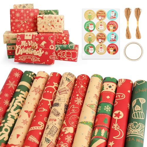 Coicok 10 Feuilles Papier Cadeau Noël 70x50cm Emballage Cadeau du Père Noël Papier Cadeau Enfant avec Autocollants, Ruban Adhésif Double Face et Ficelle pour Noël, Veille de Noël, Fêtes