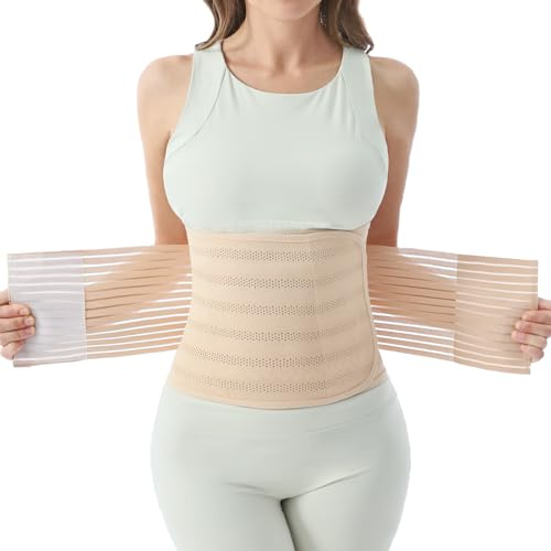 Trendyline Postpartum Belly Wrap for Women: Abdominal Binder Post Surgery Compression Support Belt - Waist Trainer Girdle C Section Recovery Band (Beige, Medium)
