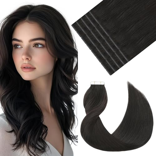 VINBAO Extensiones adhesivas de pelo real Remy, extensiones de pelo real, 20 unidades, 45 cm, 50 g, cinta adhesiva invisible, sin costuras, color negro natural sedoso