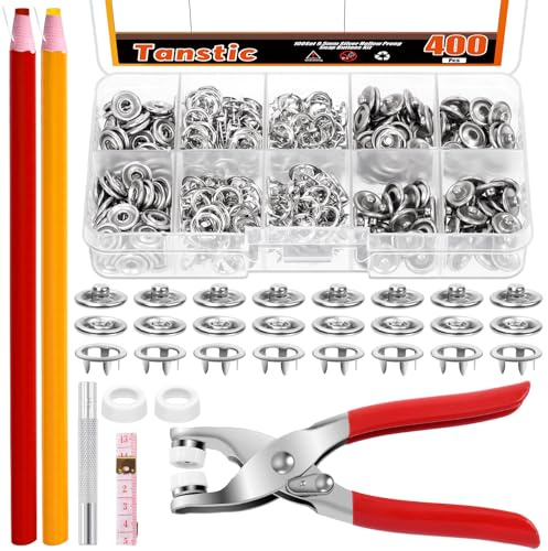Tanstic 407Pcs (100-Sätze) Druckknöpfe mit Befestigungszange Press Tool Kit, 9.5mm Silber Metall Snap Fasteners mit Befestigungszange, Punch, Weiche Lineal, Peel-Off China Marker zum Nähen (Hohl)