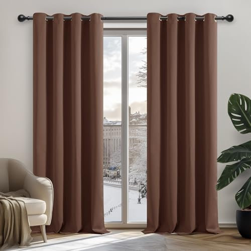 Deconovo Cortinas Opacas Cortinas Ignífugas con Ojales para Dormitorio Estudio, 132×138 CM, Marrón, 2 Piezas