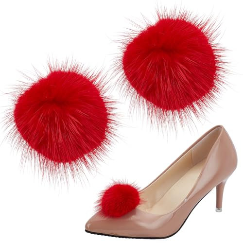 arricraft 2 Stück Flauschige Kunstnerz Fu Pom Abnehmbare Schuhclips Abnehmbare Schuhdekorationen Mit Bommeln In Rot Schuhschnallen Schuhclips Für Schuhe Hüte Stiefel Handtaschen Anhänger