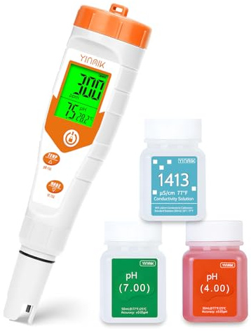 YINMIK Hydroponic pH Tester with EC ppm Meter for Hydroponic Nurents | 4 in 1 pH Pen with Calibration Solution, Monitors pH, PPM, EC, For Plant Nutrient, Continuous Monitor DWC Aeroponic Garden
