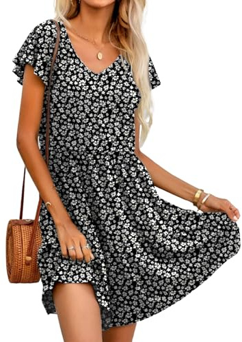 Hotouch Vestito Estivo da Donna Casual Vestito Abito Lungo Fino al Ginocchio Scollo a V con a Volant Abito da Spiaggia con Tasche Z-Fiore Nero S