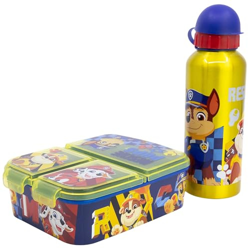 Stor Set Botella Aluminio y Fiambrera Patrulla Canina - Cantimplora 530ml con Sandwichera 3 Compartimentos - Kit Merienda Escolar Infantil