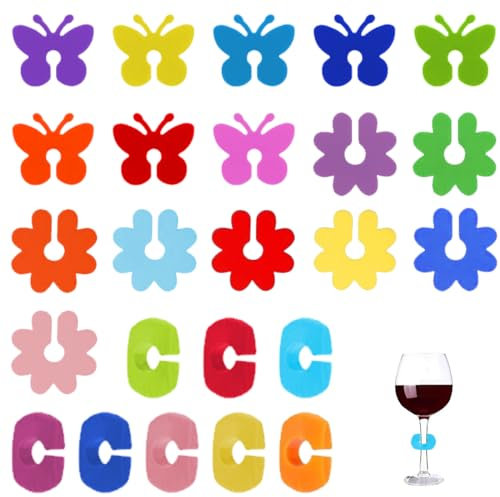 AOEVUIR 24 Pcs Segna Bicchieri in Silicone Riutilizzabili Segnabicchieri Colorati per Calici Bicchieri da Vino Cocktail Ideali per Feste e Bar