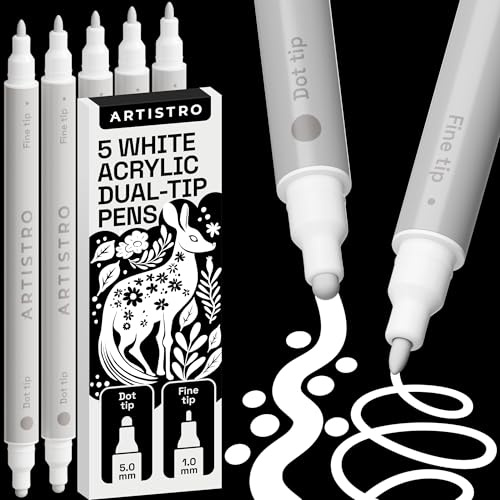 Artistro 5 Weiße Acrylstifte Dual-Tip Rund+Fein für Stein, Glas & Holz | Wasserbasierte Acrylmarker für alle Oberflächen & Malbücher, schnell trocknend, zum Bemalen & Ausmalen, Kreativ-Geschenk