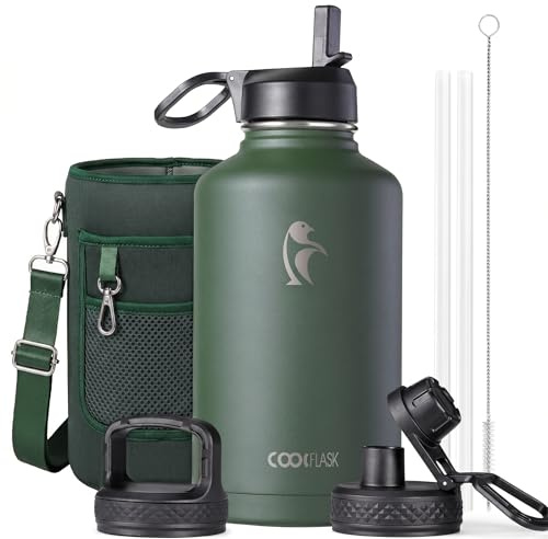 Botella de agua de medio galón aislada con popote y 3 tapas, Coolflask de 64 onzas, jarra de agua grande de metal de acero inoxidable, boca ancha para deportes, gimnasio u oficina, sin BPA, mantiene