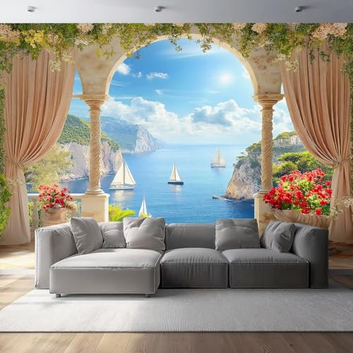 Carta da parati panoramica 250 x 175 cm Mare Naturale Isola Tropicale Carta da parati in tessuto non tessuto per la decorazione delle pareti della camera da letto e del soggiorno Blu