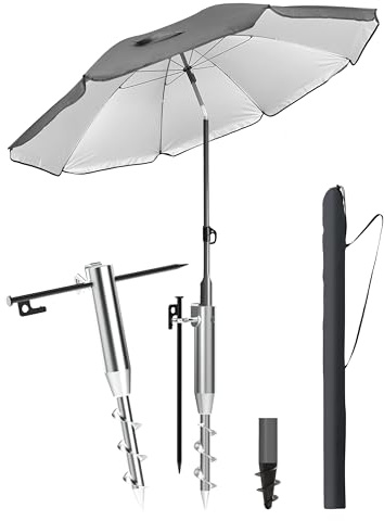 Menz Sonnenschirm Strand Ø 180 cm mit Einschraubhülse 3-in-1 SET, Anthrazit | Strandschirm Windfest Stabil mit Einschraubhülse Bodenhülse & Schirmhülle, UV80 Sonnenschutz Strand