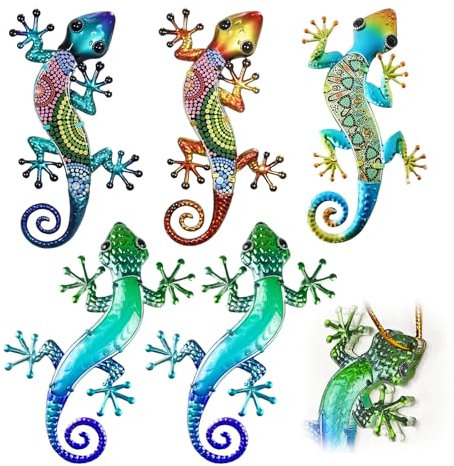 zhongko 5pcs Gecko Garden Wall Decorations,Vibrant Gecko Garden Fence Decoration, Weather-Resistant Outdoor Hanging Gar-den Decorations for Gardens, Sheds and Home Exteriors