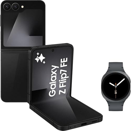 Samsung Galaxy Z Flip7 FE AI Phone with Watch8, Foldable Design, Wide Cover Screen, 50 MP Camera, Smooth Processor, 128GB Storage, 8 GB Memory, Black, 3 Year Extended Warranty (UK Version)