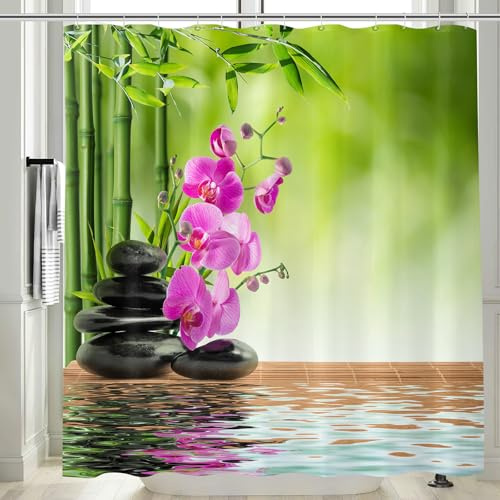 Vgzsyomqib Shower Curtain for Wet Room Bath 180x180 cm Drop Waterproof Anti Mould Proof Resistant Fabric Zen Stones Bamboo Bathroom Shower Curtains Machine Washable with Hooks, Green Pink