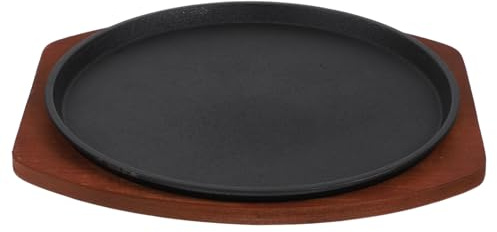 BAZEITFLOW Plato Para Bistec De Hierro Fundido Con Base De Madera Redonda Sartén Para Asar Uniforme Cocina Hogar y Barbacoa Plancha Multifuncional Para Carnes y Pescados