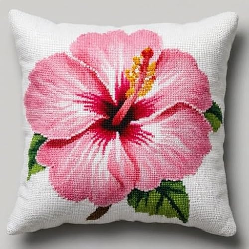 XvvwEndlessx Knüpfkissen Set Zum Selber Rosa Hibiskus Knüpfen Für Erwachsene Und Anfänger,Diy Kissenbezug Mit Knüpfhaken-Set Latch Hook Cushion Kit,Kreatives Basteln Ideal Für Home Decor 43X43Cm